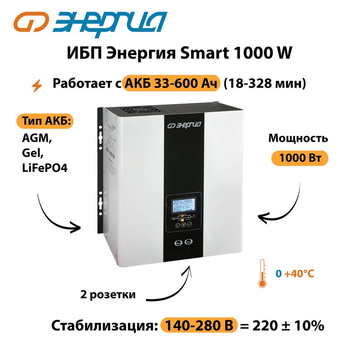 ИБП Энергия Smart 1000W - ИБП и АКБ - Энергия ИБП Smart - . Магазин оборудования для автономного и резервного электропитания Ekosolar.ru в Томске